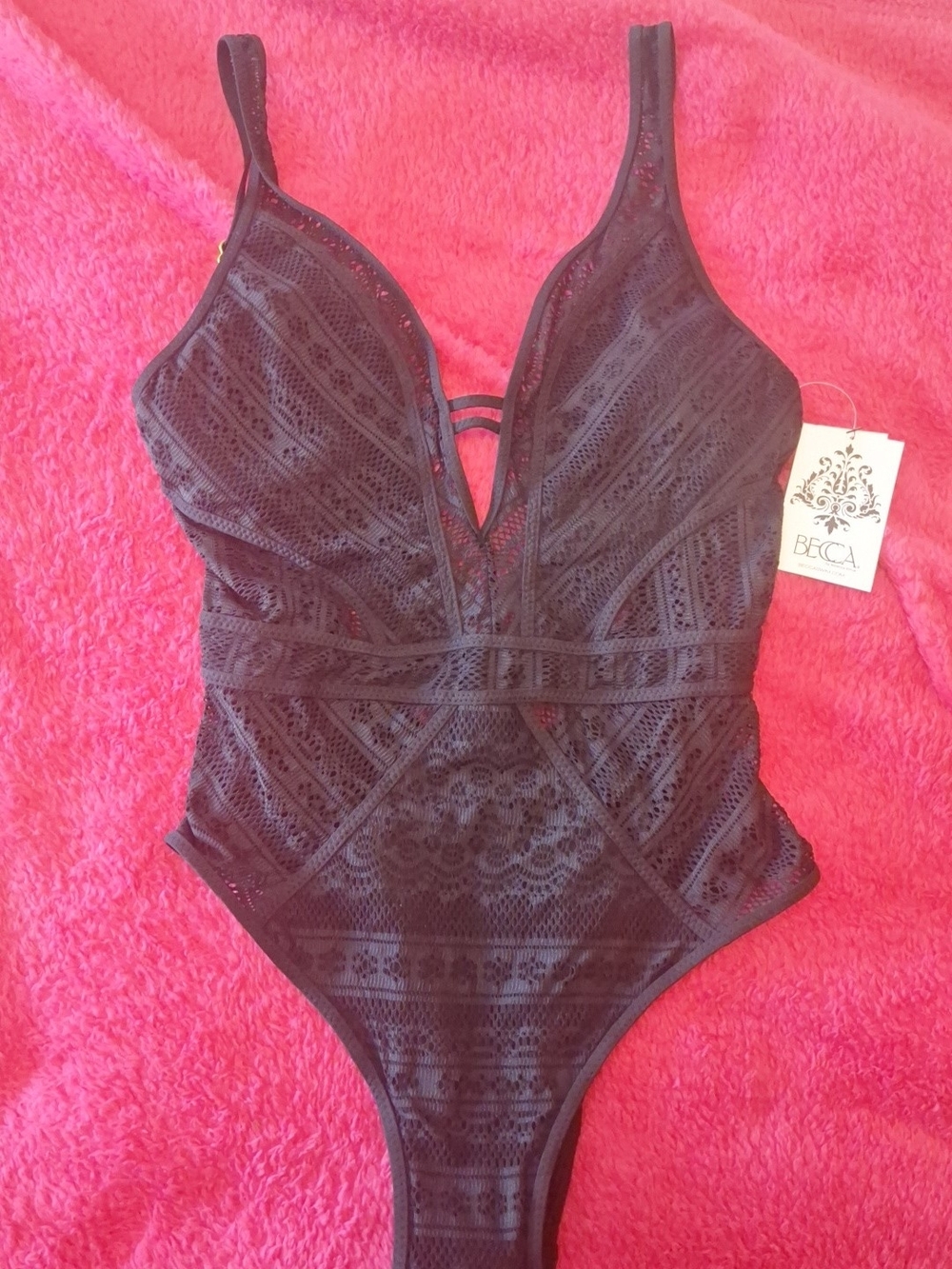 NWT!BECCA Black Lace Plunge One Piece Swim Suit Size M Womens